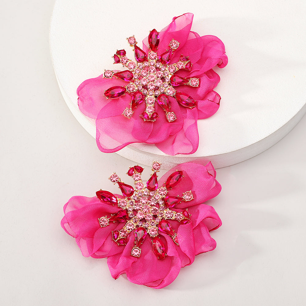 Rhinestone Chiffon Flower Earrings