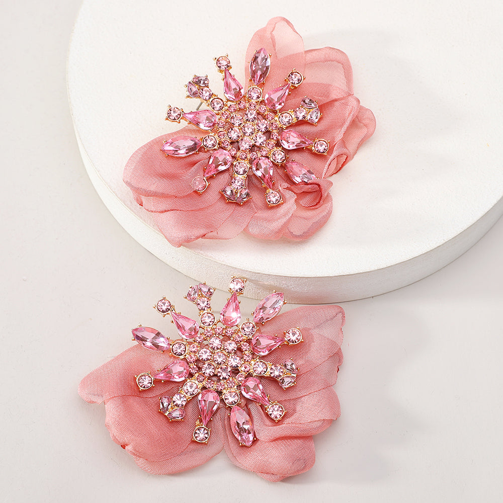 Rhinestone Chiffon Flower Earrings