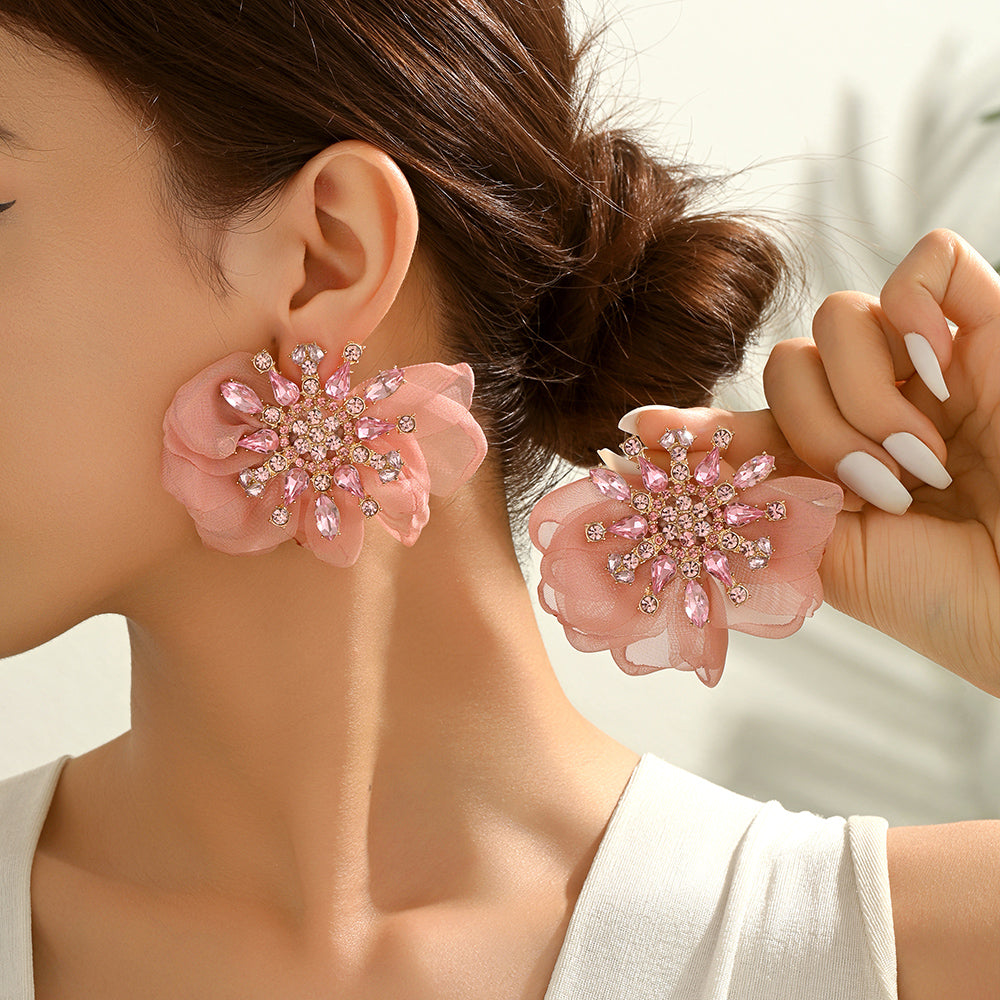 Rhinestone Chiffon Flower Earrings
