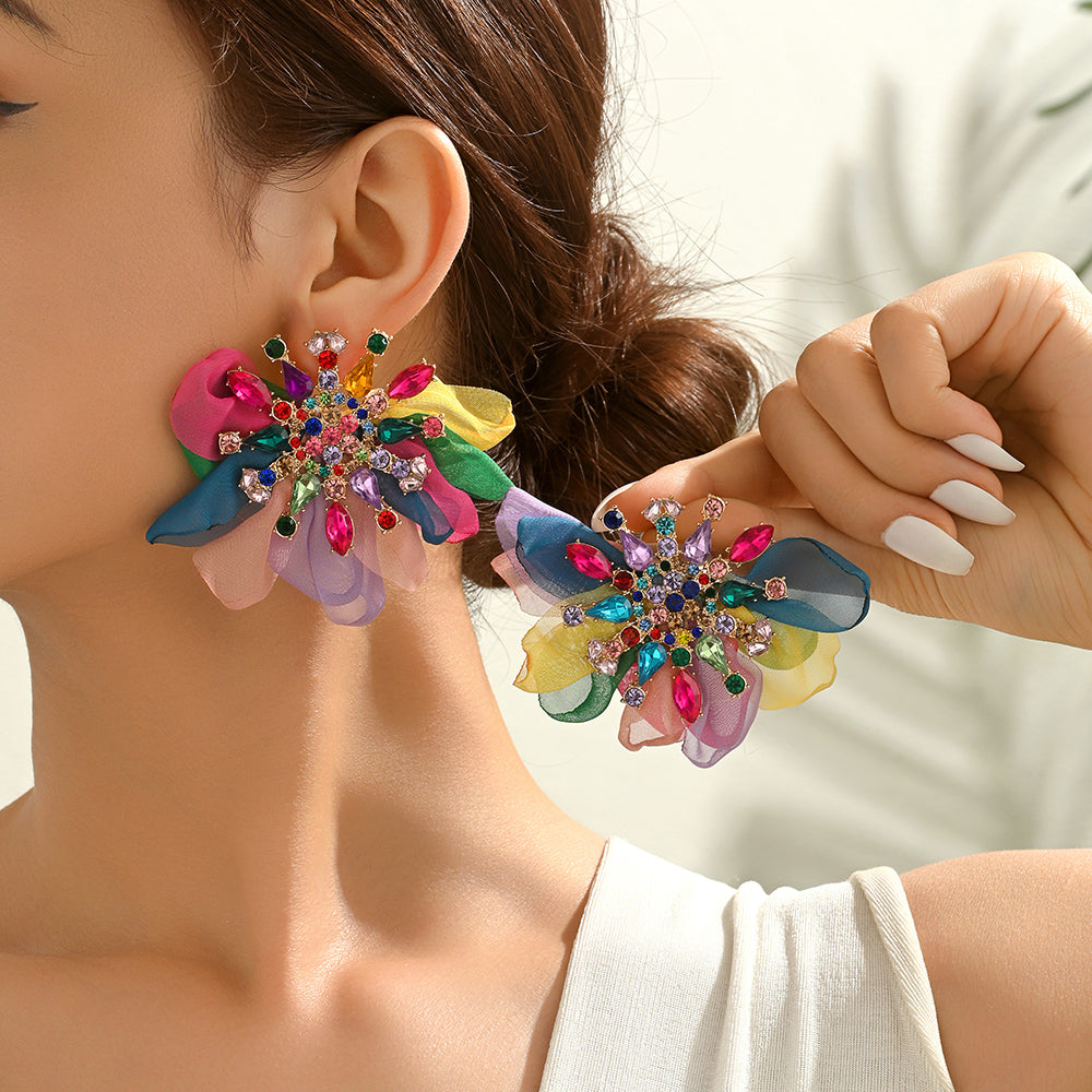 Rhinestone Chiffon Flower Earrings