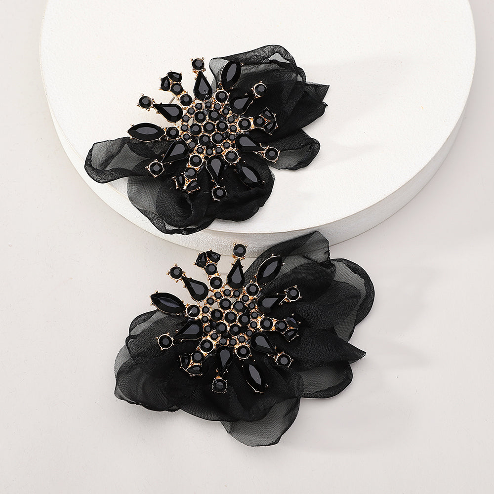 Rhinestone Chiffon Flower Earrings