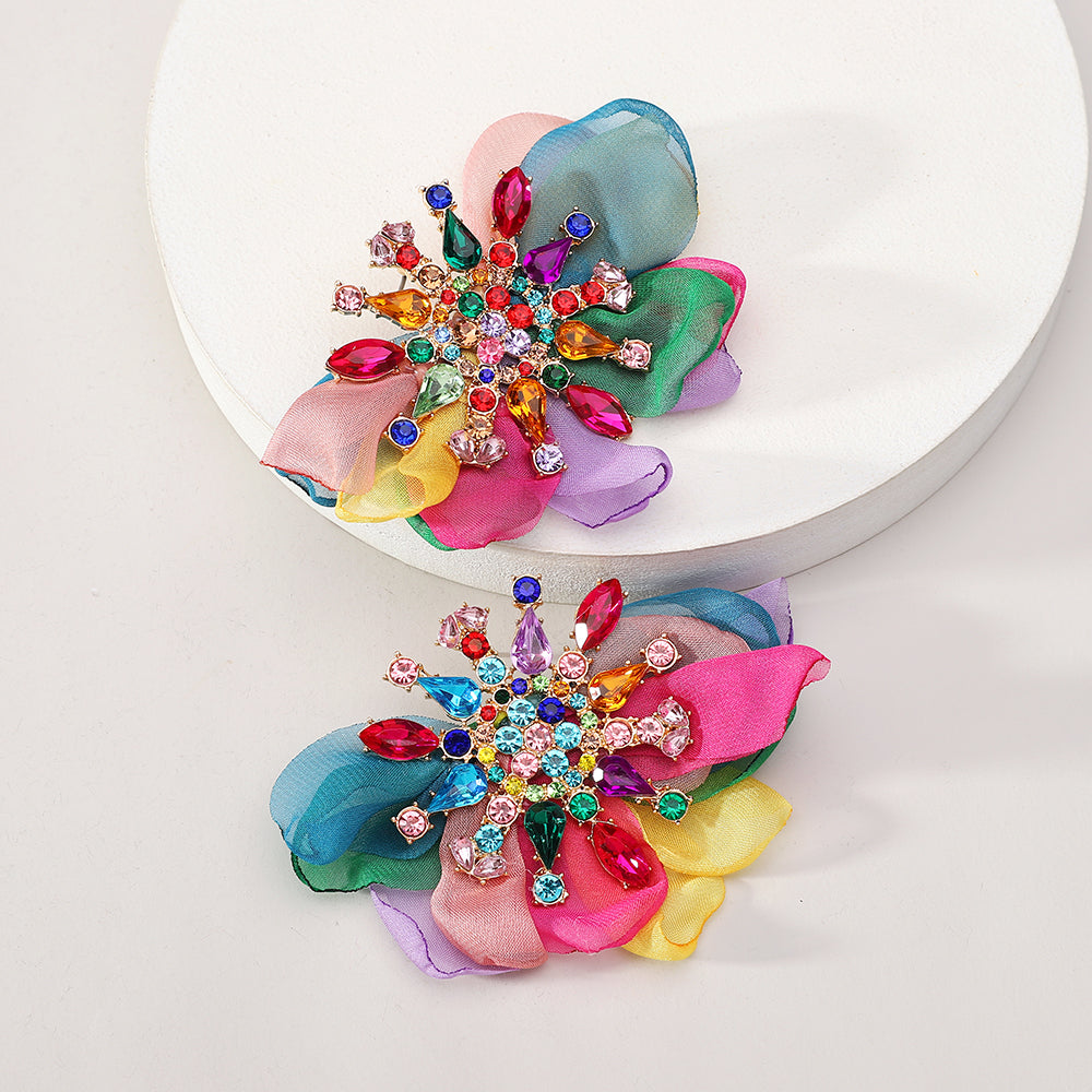 Rhinestone Chiffon Flower Earrings