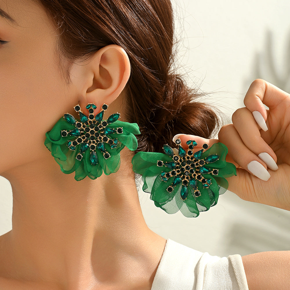 Rhinestone Chiffon Flower Earrings