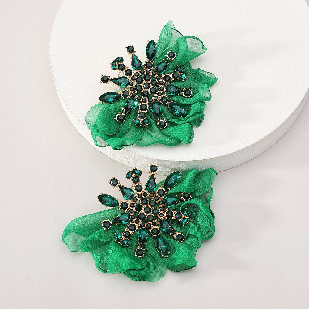 Rhinestone Chiffon Flower Earrings