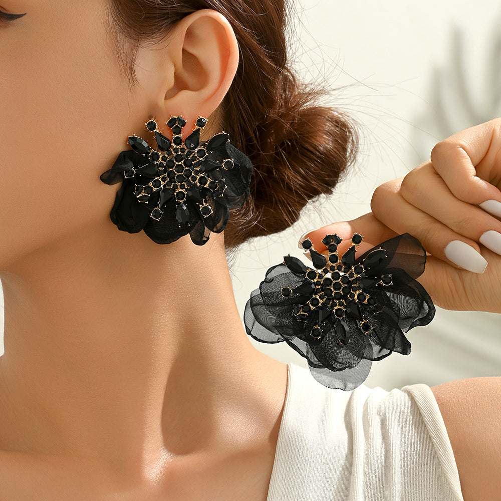 Rhinestone Chiffon Flower Earrings