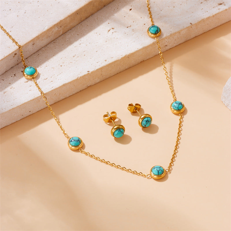 Retro All-Match Blue Turquoise Stainless Steel Jewelry Set