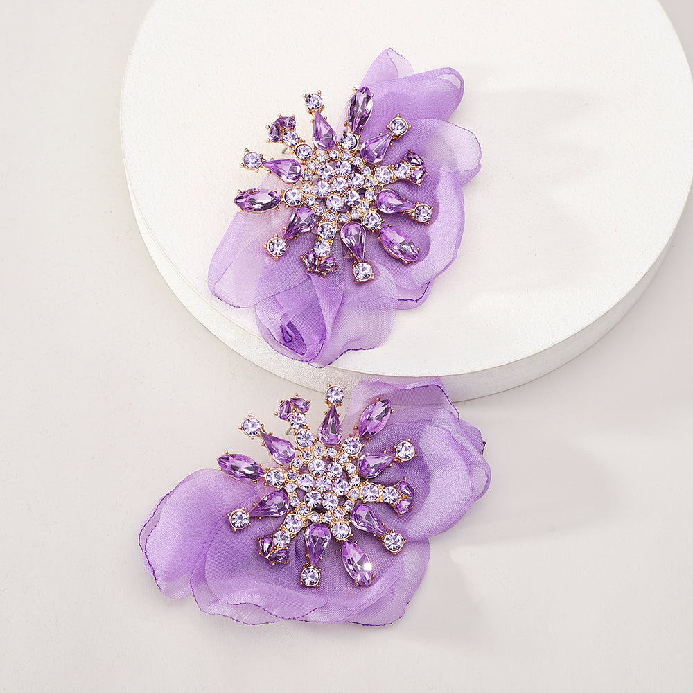 Rhinestone Chiffon Flower Earrings